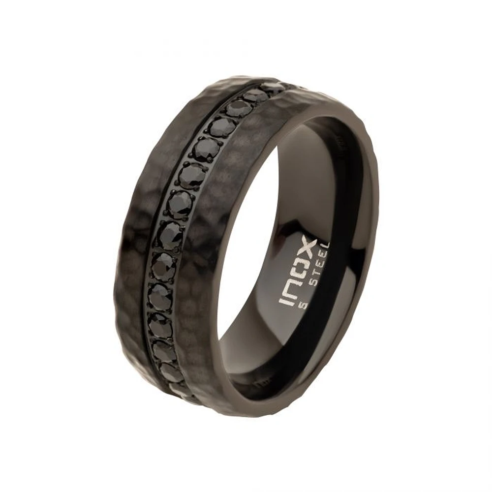 Black IP with CNC Set Black CZ Hammered Ring Size