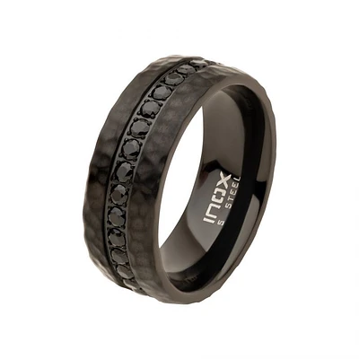 Black IP with CNC Set Black CZ Hammered Ring Size