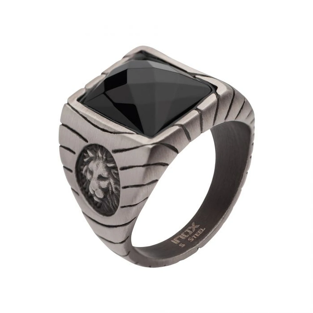 Bague Lion en Acier/Agate Noire Taille 10