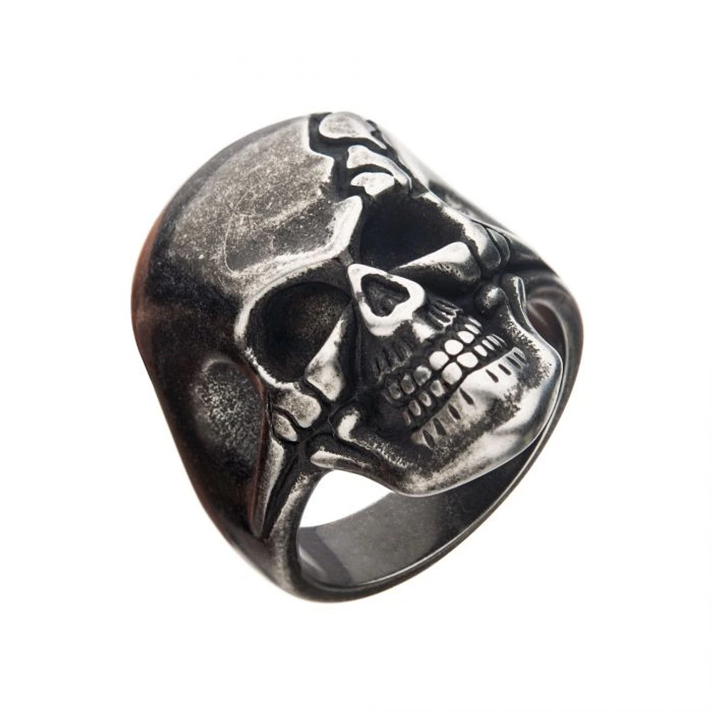 STEEL RING ANTIQUE CRACKED SKULL