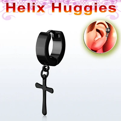 Black Helix Cross Dangle Huggie