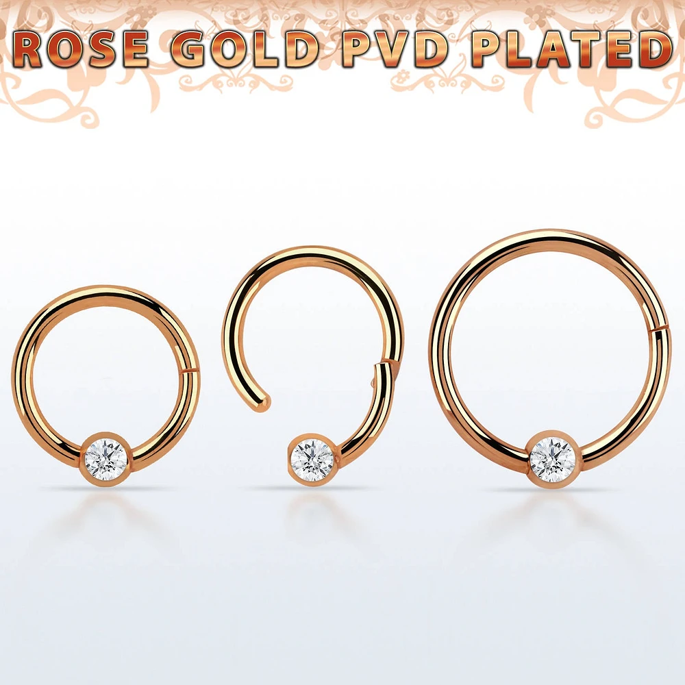 Hinged 16G Rose Gold W Single Gem Hoop