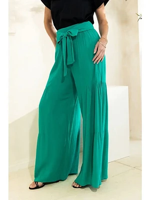 Smocked Tie Waist Tiered Wide Leg Pants