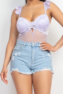 LACE RUFFLE STRAP BODYSUIT