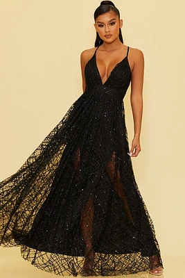 Glitter And Sequin Top Mesh Gown