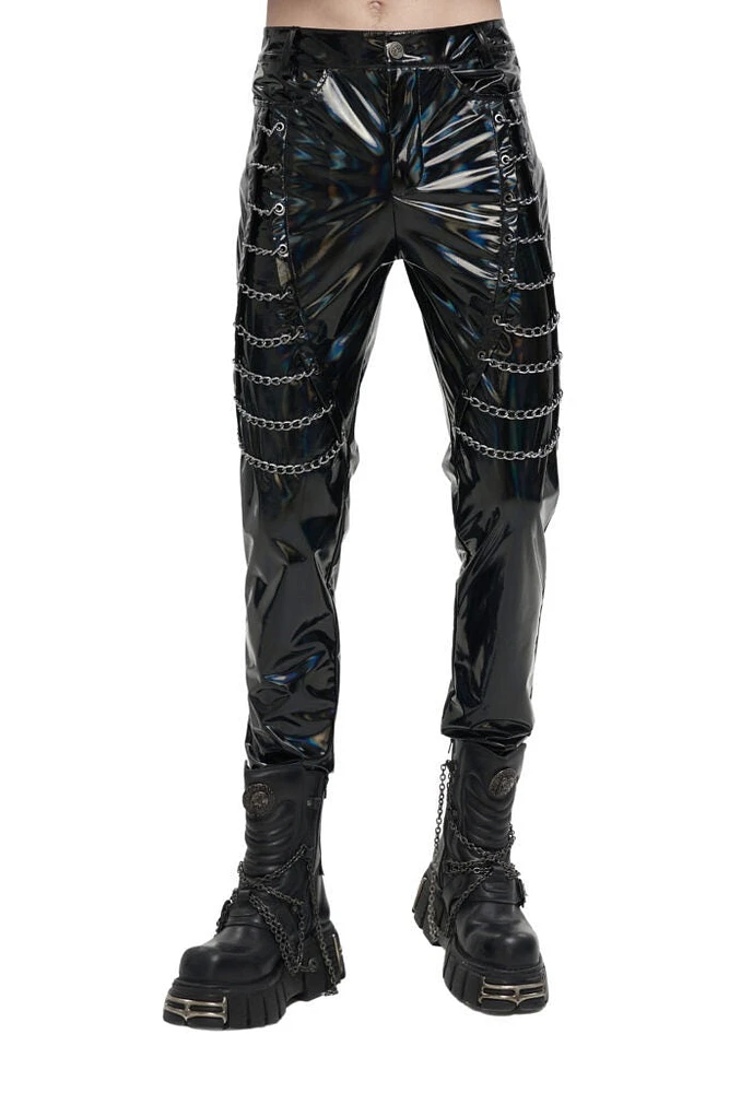 Holographic Faux Leather Pants W Chains