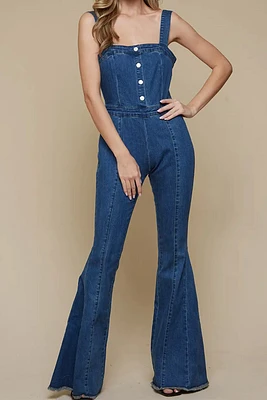 Button Down Denim Jumpsuit Back Zipper