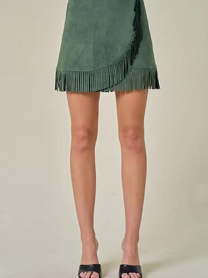 Suede Fringe Wrap Skirt