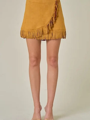 Suede Fringe Wrap Skirt