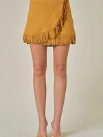 Suede Fringe Wrap Skirt