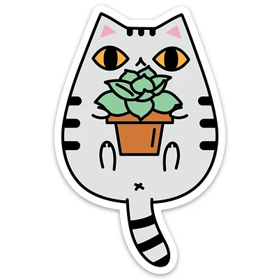 Gray Tabby Cat And Succulent Plant Sticker