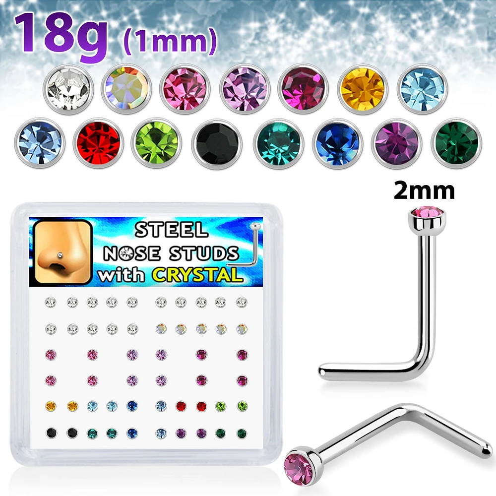 18g Bezel Set 2mm Colour Gem L-Shaped Nose Stud