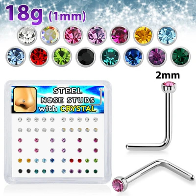 18g Bezel Set 2mm Colour Gem L-Shaped Nose Stud