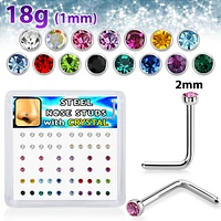 18g Bezel Set 2mm Colour Gem L-Shaped Nose Stud