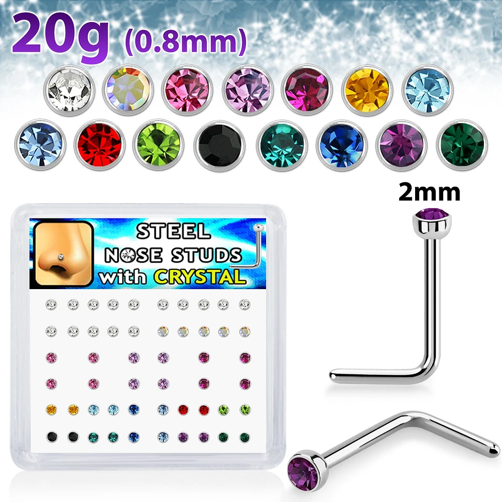 20G L-Shaped Nose Studs With 2mm Round Color Gem Tops