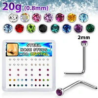 20G L-Shaped Nose Studs With 2mm Round Color Gem Tops