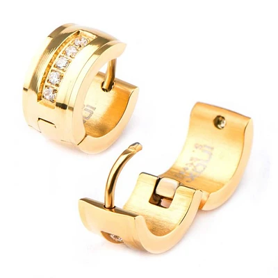 Gold Steel With Cubic Zirconia Huggie Earrings