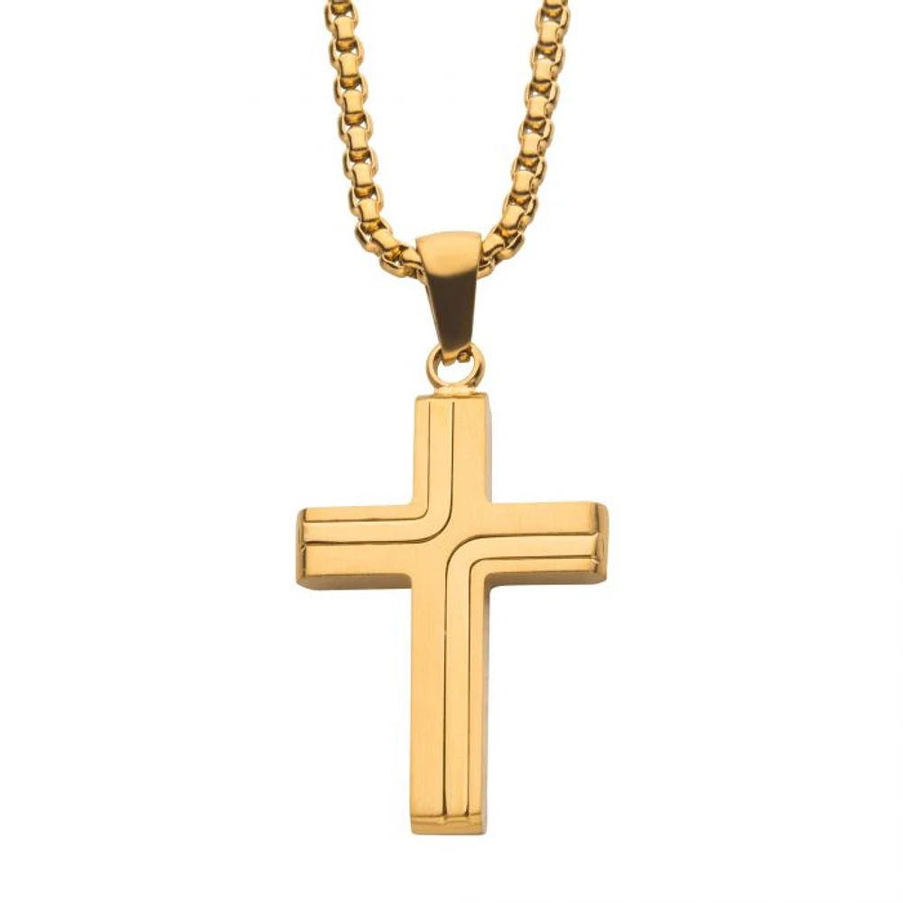 18K Gold IP Cross With Box Chain 22"