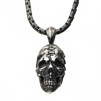 Colgante de cabeza de calavera de plata envejecida de acero inoxidable con cadena