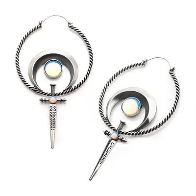 Stainless Steel with White Opalite and Silver Plated Moon and Sword Plug Hoops