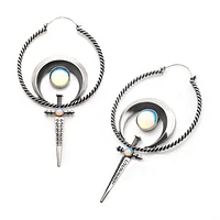 Stainless Steel with White Opalite and Silver Plated Moon and Sword Plug Hoops