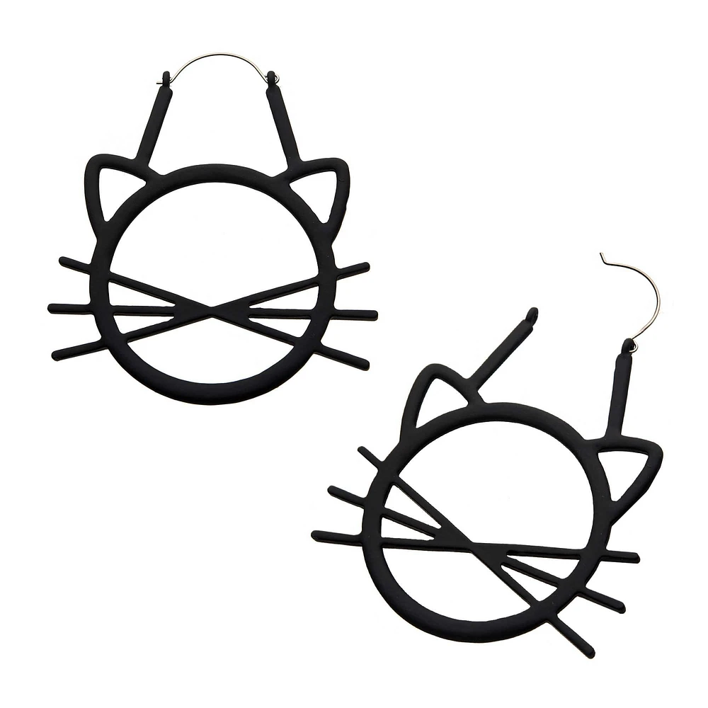 Matte Black PVD Cat Head Outline with Whiskers Plug Hoop