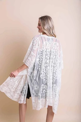 FLORAL EMBROIDERED MESH ROBE NATURAL