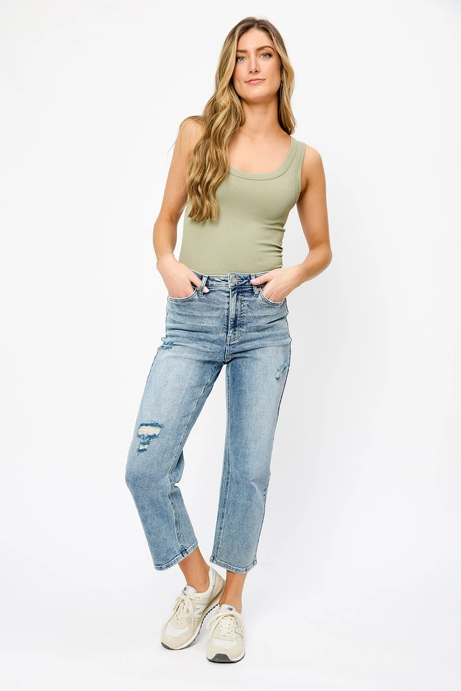 YMI Distressed Mid-Wash High-Rise Cropped Jean