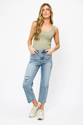 YMI Distressed Mid-Wash High-Rise Cropped Jean