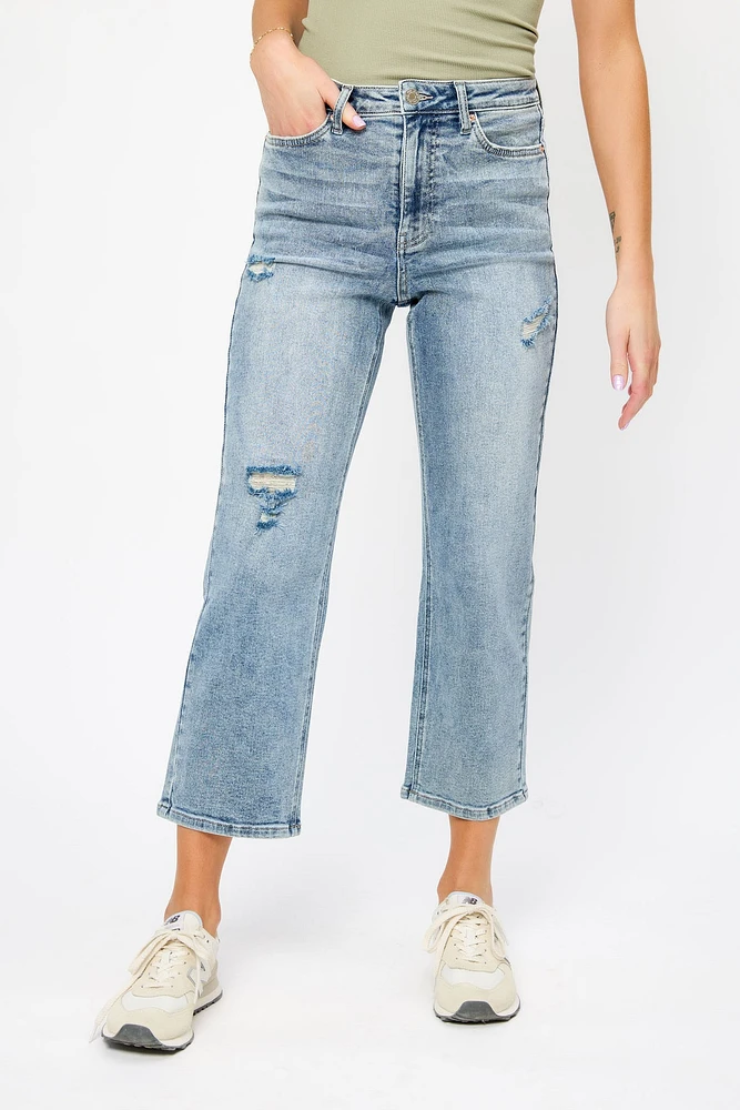 YMI Distressed Mid-Wash High-Rise Cropped Jean
