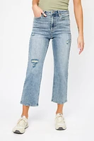 YMI Distressed Mid-Wash High-Rise Cropped Jean