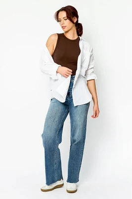 Tattoo Frayed-Hem Mid-Wash High-Rise Straight Jean