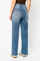 Tattoo Frayed-Hem Mid-Wash High-Rise Straight Jean