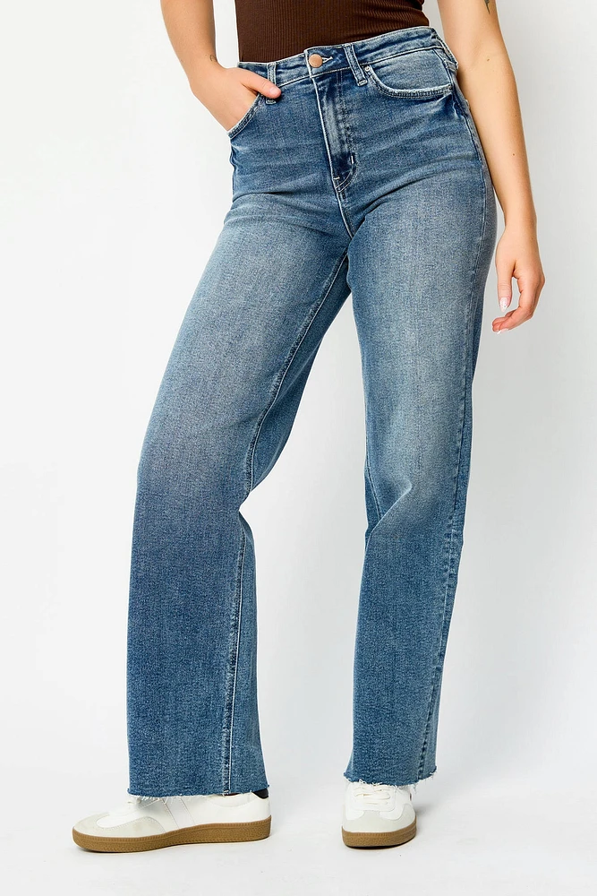 Tattoo Frayed-Hem Mid-Wash High-Rise Straight Jean