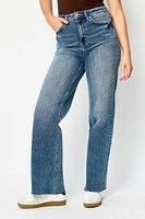 Tattoo Frayed-Hem Mid-Wash High-Rise Straight Jean