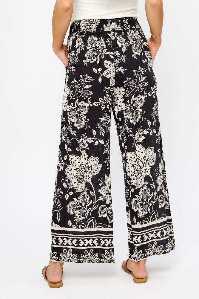 Tie-Belt Floral Border Palazzo Pant
