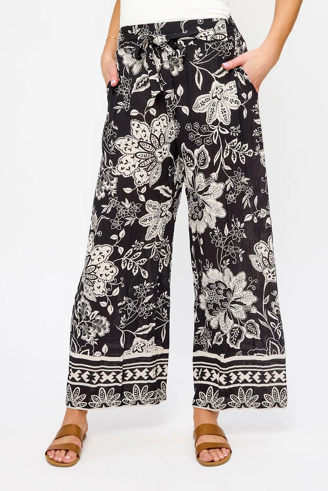 Tie-Belt Floral Border Palazzo Pant
