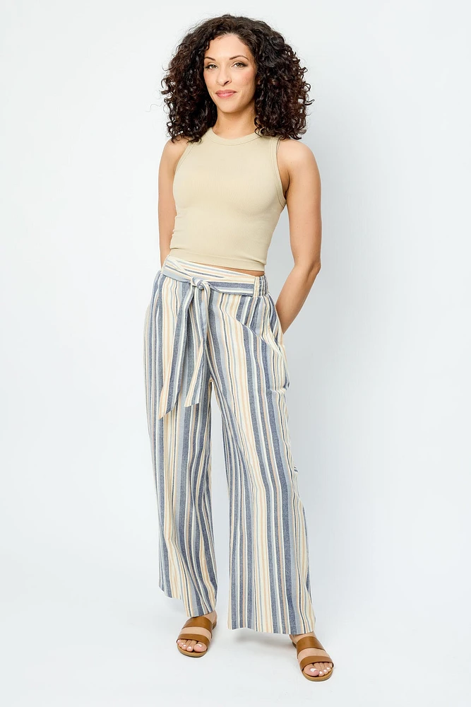 Tie-Belt Striped Palazzo Pant