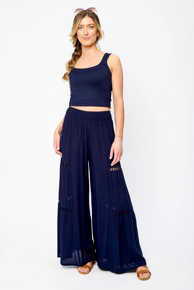 Crinkle Gauze Wide-Leg Pant with Crochet Trim