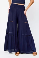 Crinkle Gauze Wide-Leg Pant with Crochet Trim