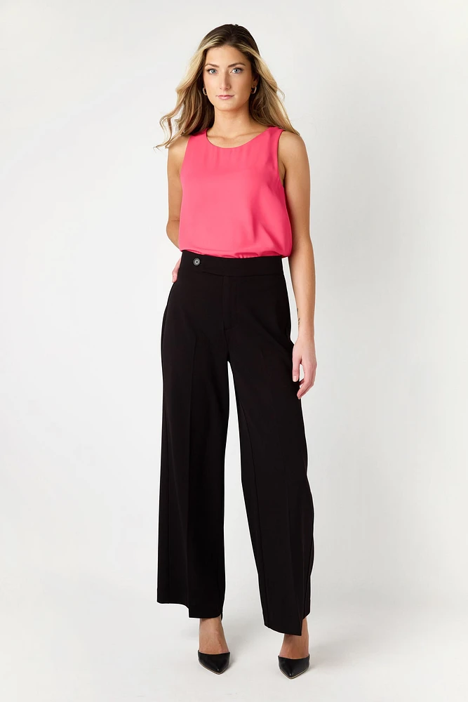 Knit Crepe Wide-Leg Pant with Single Button Waistband