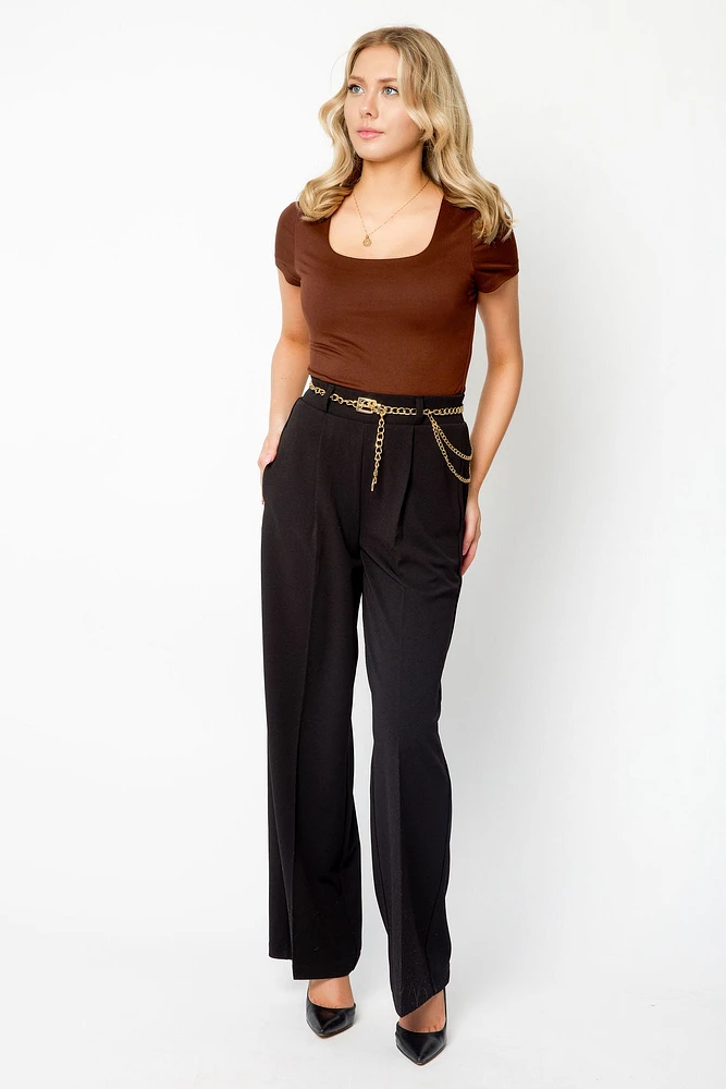 Knit Crepe High-Rise Pant with Chain-Belt