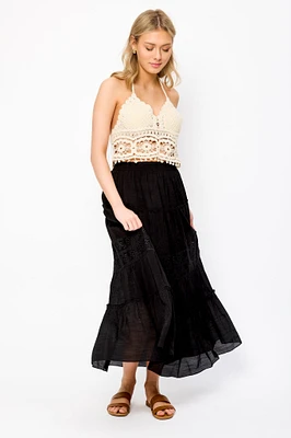 Tiered Maxi Skirt with Floral Eyelet Trim
