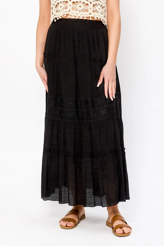 Tiered Maxi Skirt with Floral Eyelet Trim