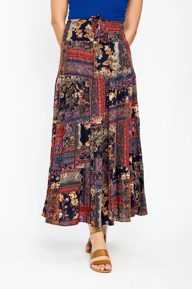 Patchwork Gauze Tiered Maxi Skirt