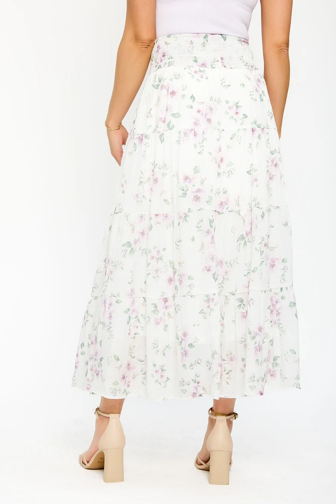 Floral Cross-Hatch Tiered Maxi Skirt