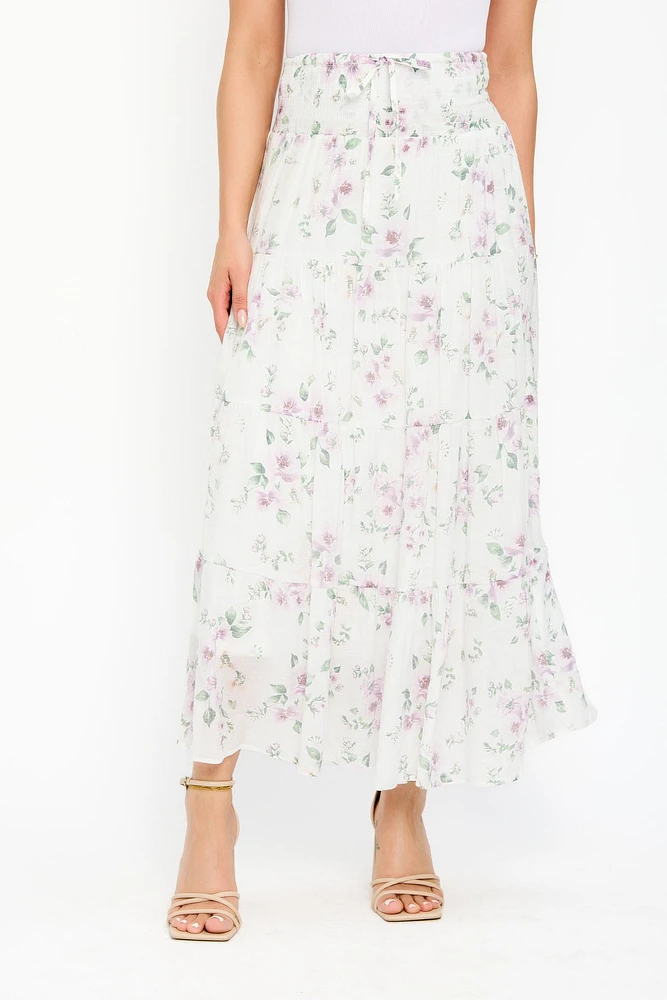 Floral Cross-Hatch Tiered Maxi Skirt