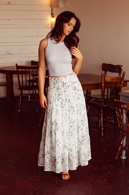 Floral Cross-Hatch Tiered Maxi Skirt