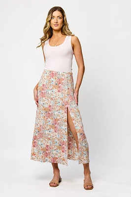 Small Floral Print Maxi Skirt with Side Slit and Built-in Shorts