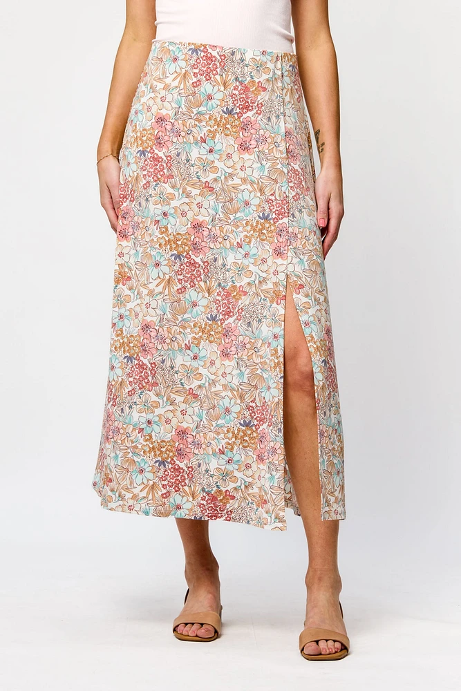 Small Floral Print Maxi Skirt with Side Slit and Built-in Shorts